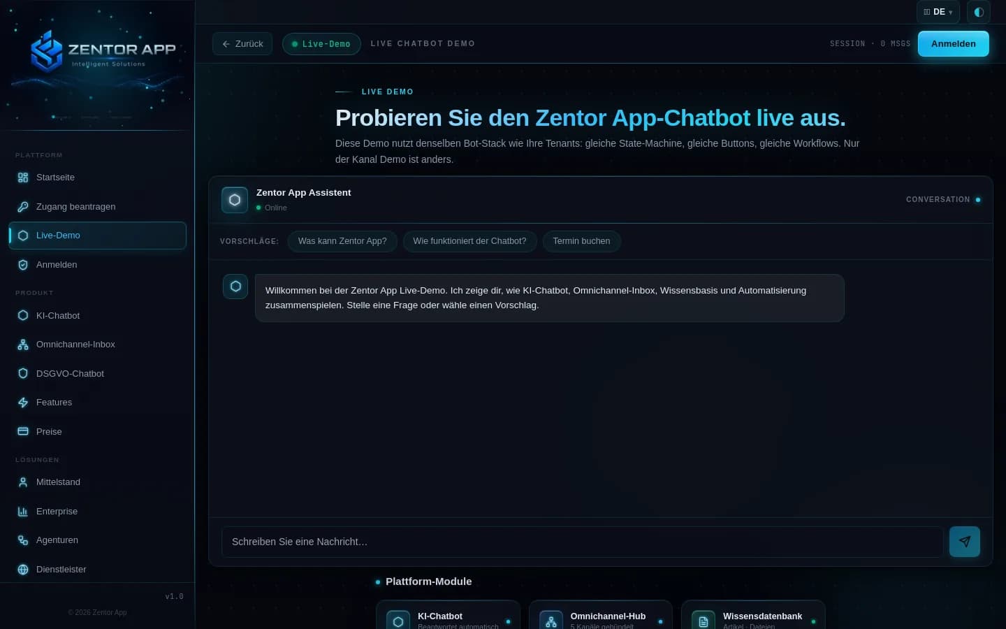Zentor App KI-Chatbot-Widget im Gespräch mit einem Website-Besucher