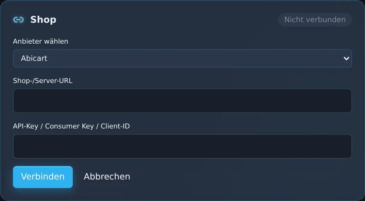 Ansicht der Zentor-App Connector-Verwaltung mit ausgewähltem Provider Abicart