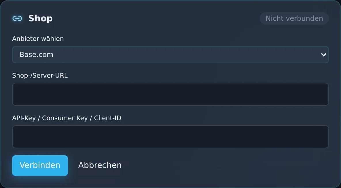 Ansicht der Zentor-App Connector-Verwaltung mit ausgewähltem Provider Base.com