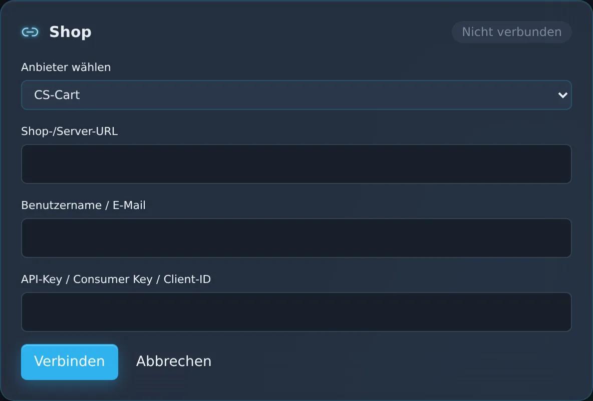 Ansicht der Zentor-App Connector-Verwaltung mit ausgewähltem Provider CS-Cart