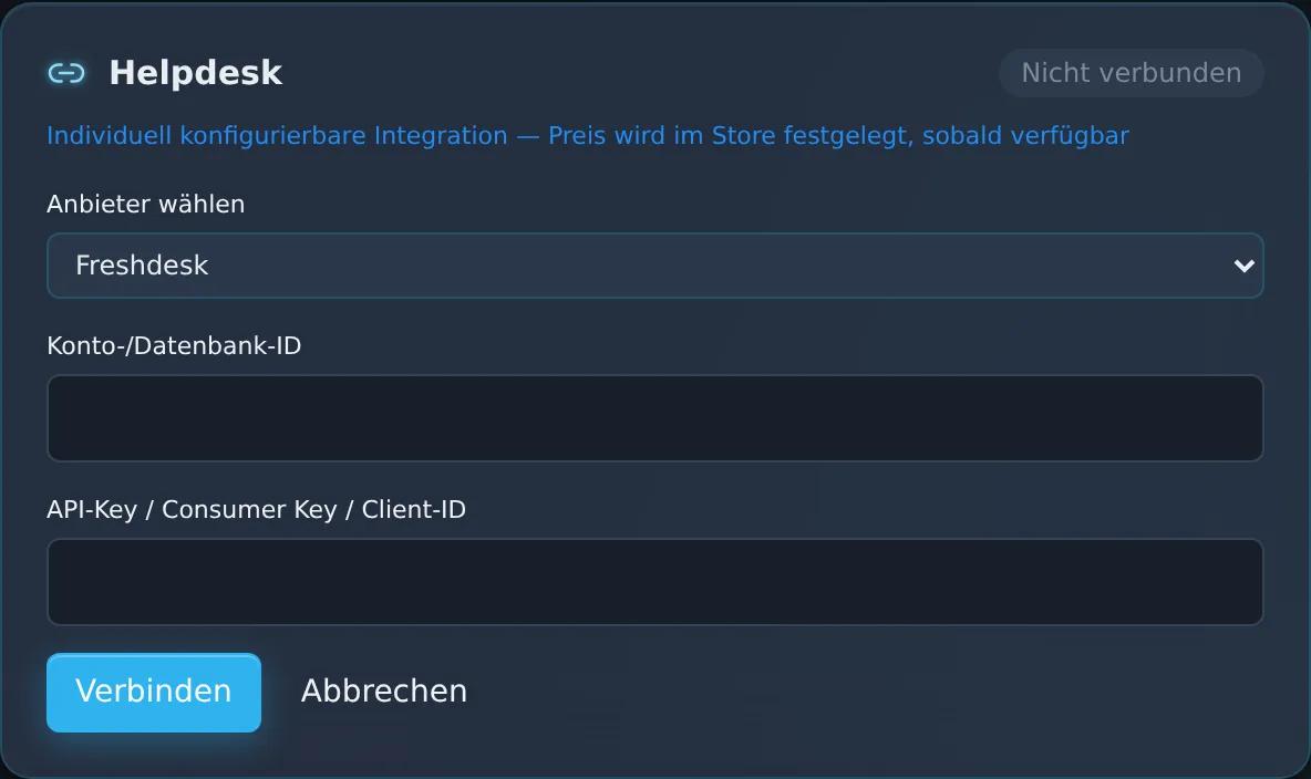 Ansicht der Zentor-App Connector-Verwaltung mit ausgewähltem Provider Freshdesk