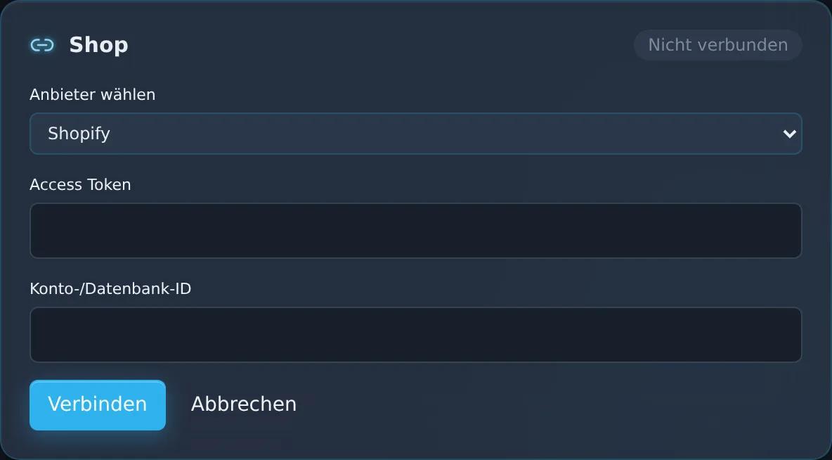 Ansicht der Zentor-App Connector-Verwaltung mit ausgewähltem Provider Shopify