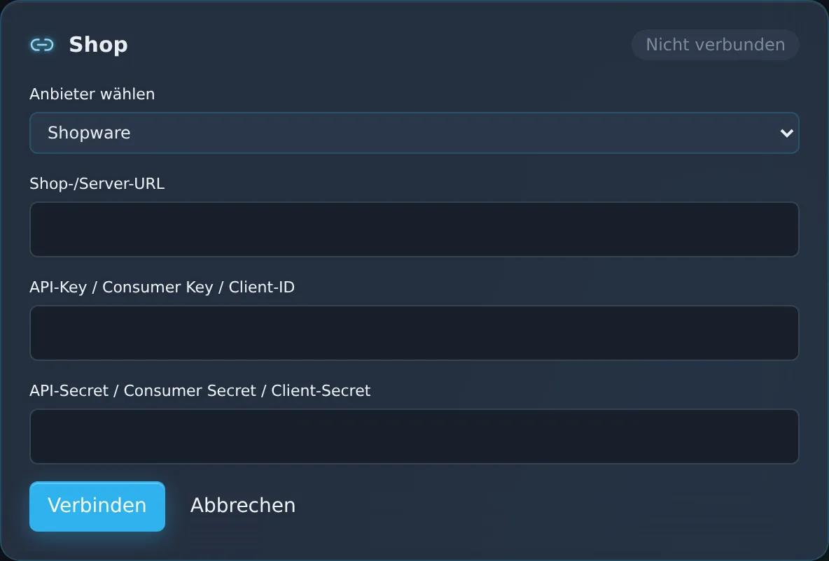 Ansicht der Zentor-App Connector-Verwaltung mit ausgewähltem Provider Shopware