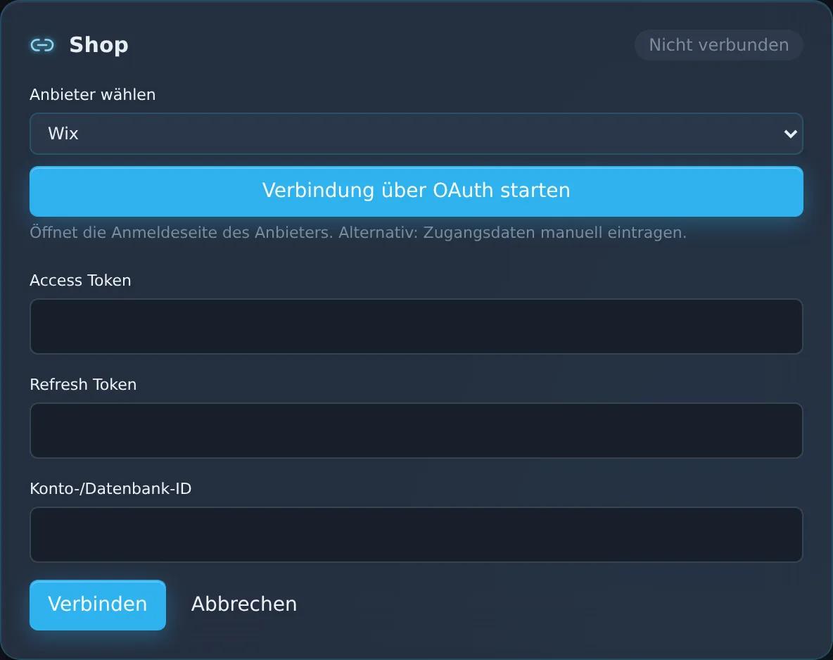 Ansicht der Zentor-App Connector-Verwaltung mit ausgewähltem Provider Wix