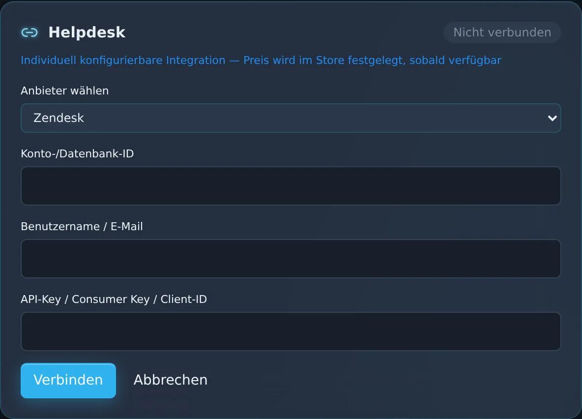 Ansicht der Zentor-App Connector-Verwaltung mit ausgewähltem Provider Zendesk
