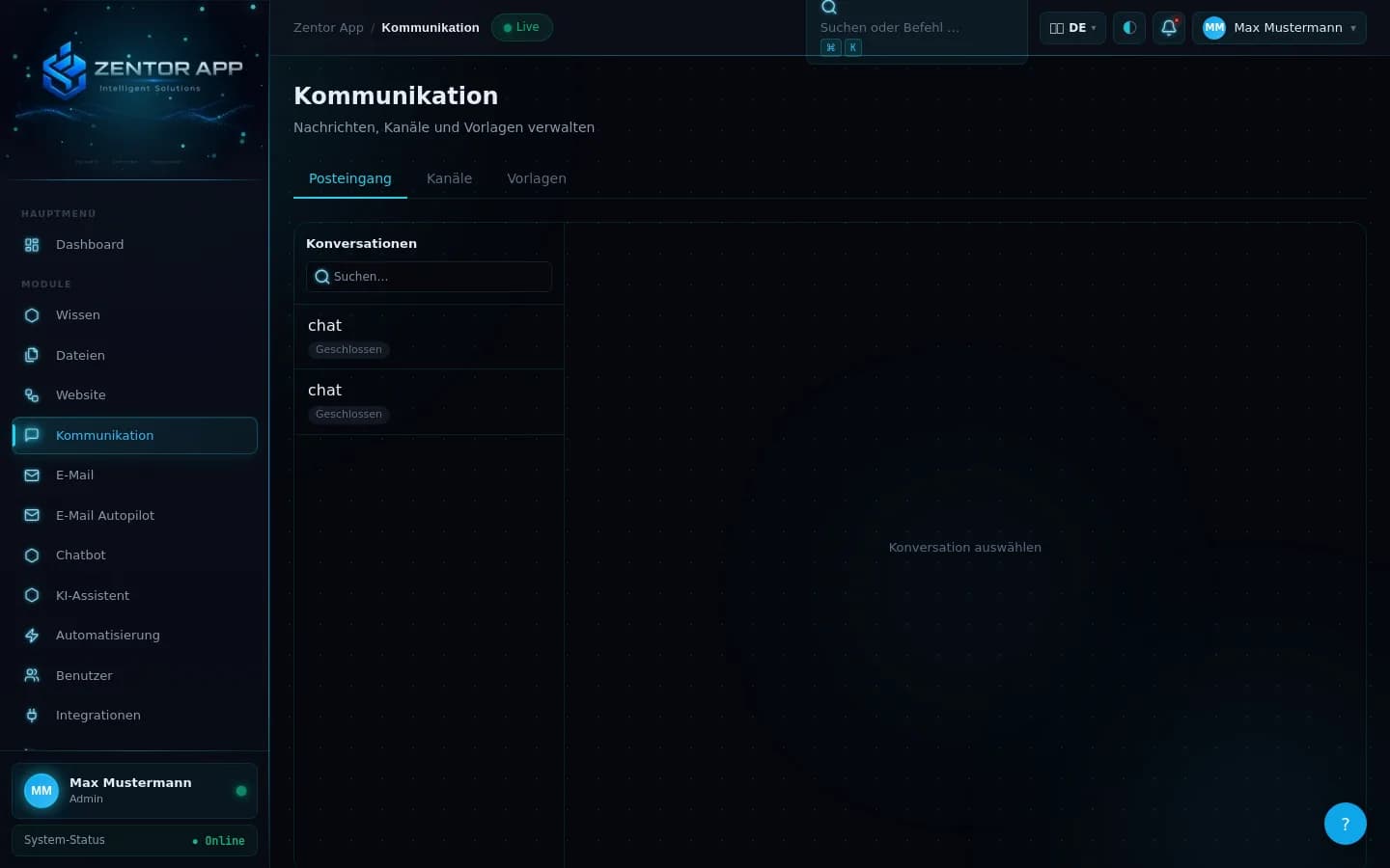Zentor App Omnichannel-Inbox: Chatbot-Konversationen aus allen Kanälen gebündelt