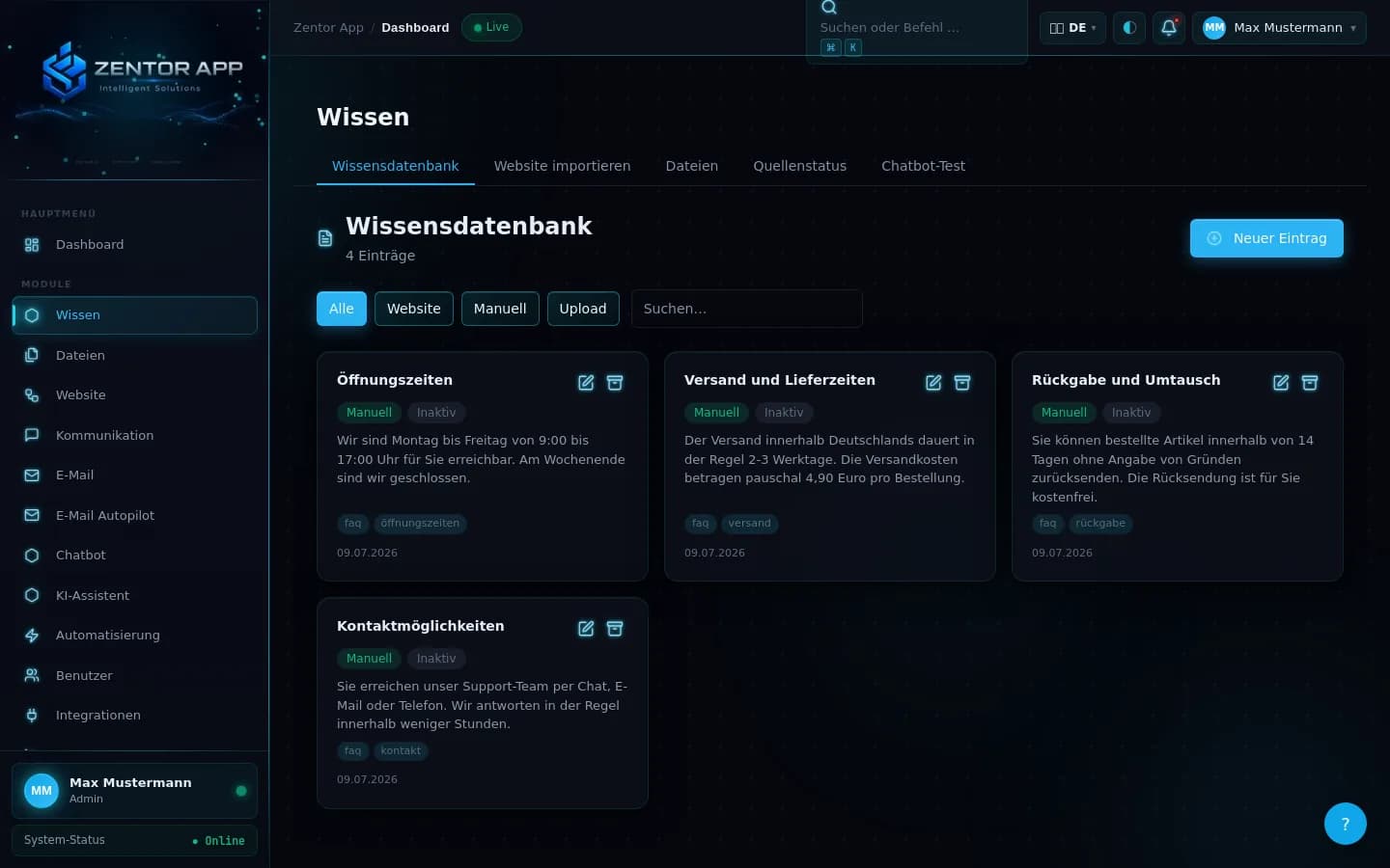 Zentor App Wissensdatenbank-Verwaltung mit manuell gepflegten FAQ-Einträgen